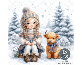 Aquarel kaboutermeisje met baby Highland Cow Winter JPG, Winter Gnome Clipart, Baby Animal Winter Clipart, digitale sticker digitale download
