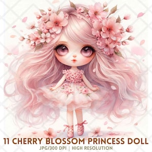 Kirschblüten Fee JPG, Verträumte Fantasie Chibi Mädchen Clipart, Wunderliche Kawaii Prinzessin, Sakura Blume Ballerina JPEG Kirschblüten Prinzessin