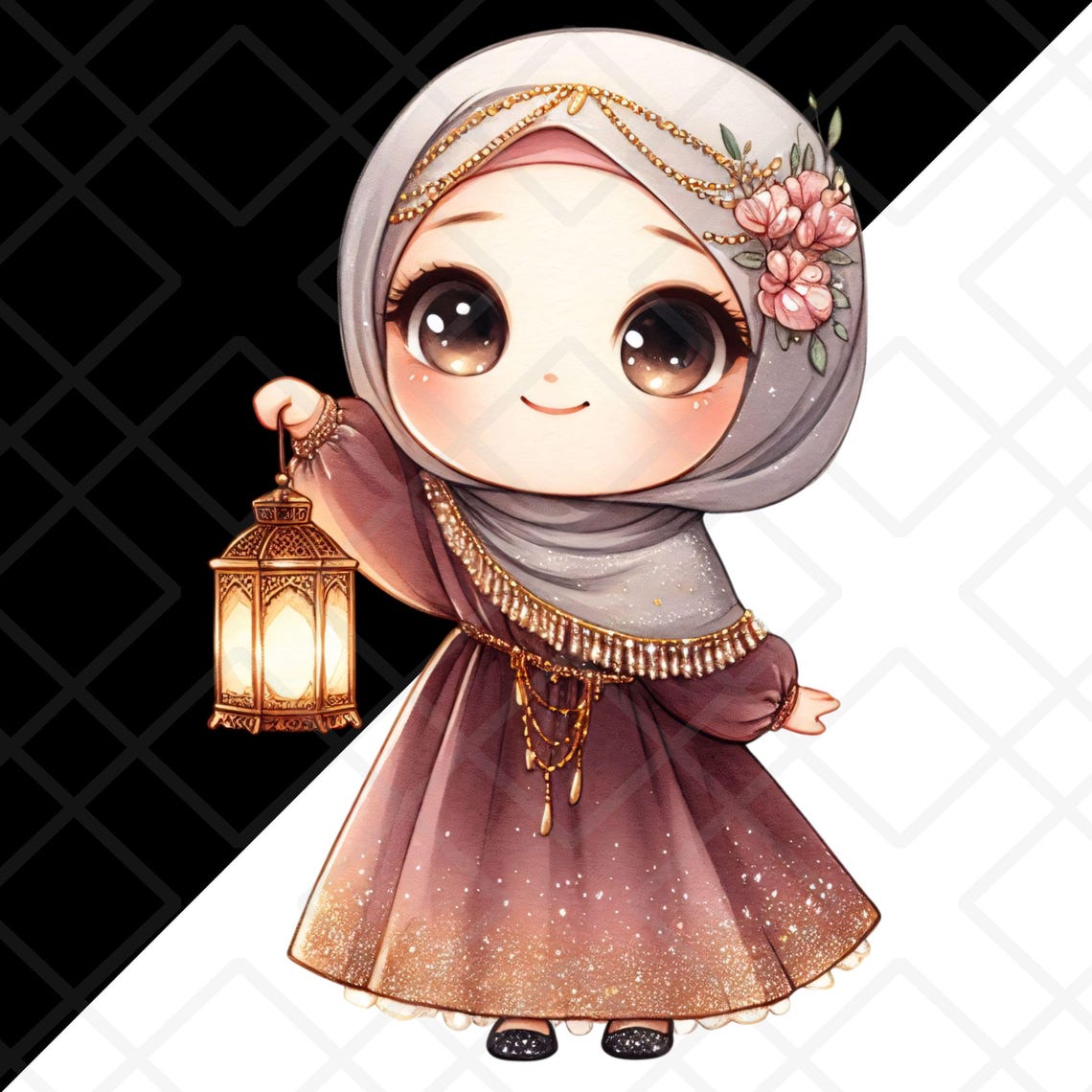 Modesty Sticker Islam Cute Hijabi Chibi Girl Clipart Ramadan Lantern Muslim Islam Muslimah ...