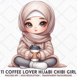 Modesty Sticker Islam Cute Hijabi Chibi Girl Clipart Coffee Lover Muslim Islam Muslimah PNG ...