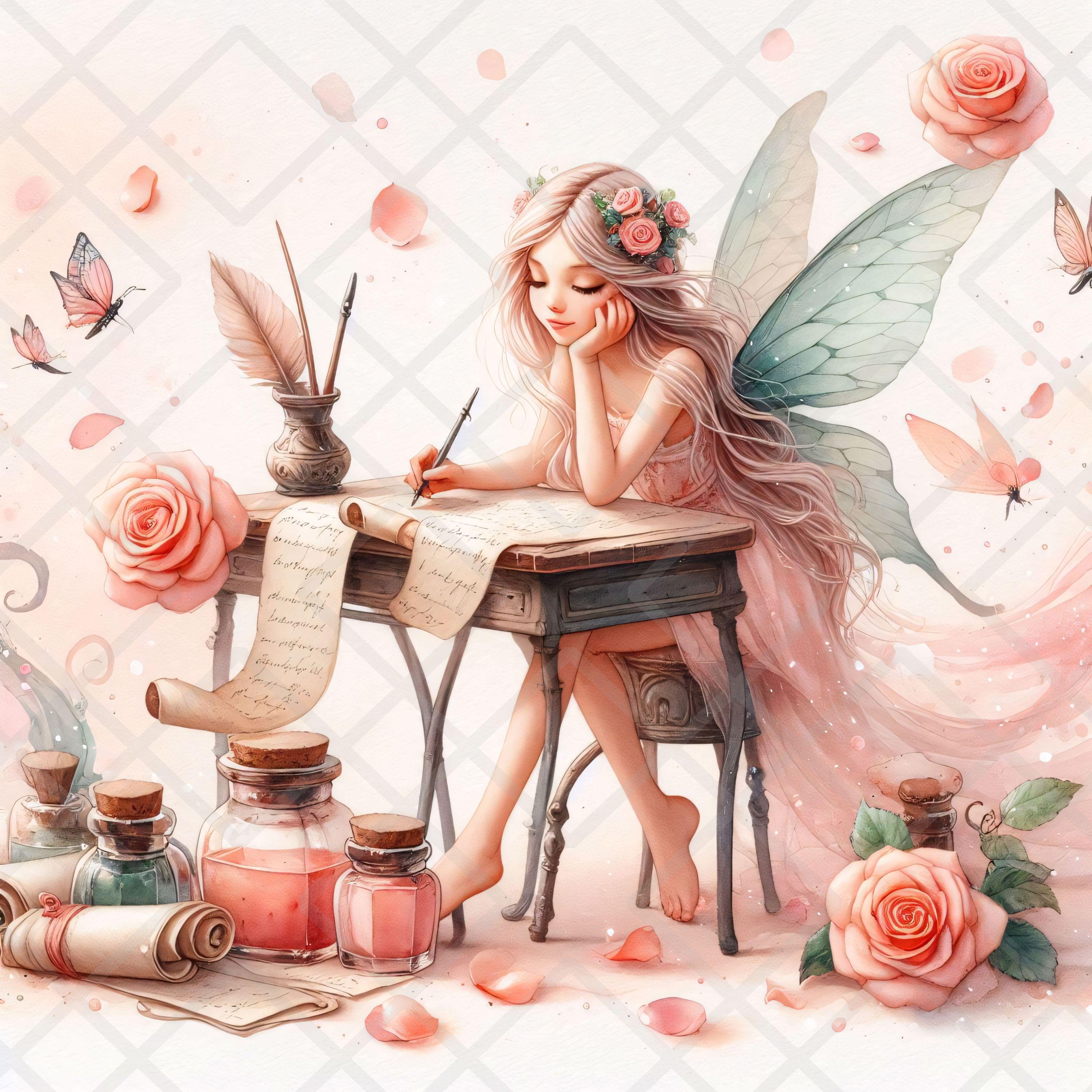 【美品・額装付き】幻想アート作品／妖精とバラのイラスト バラのつぼみの空想の妖精のクリップアート JPG、水彩画の妖精の