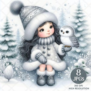 Aquarelle hiver gnome fille avec harfang des neiges Clipart JPG téléchargement animal confortable autocollant numérique pour l'artisanat de journalisation indésirable et la fabrication de cartes