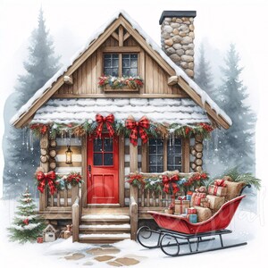 May include: Watercolor illustration of a snow-covered cabin decorated for Christmas. The cabin has a red door, plaid bows, and a sleigh filled with gifts. A small Christmas tree and a lantern add to the festive scene.