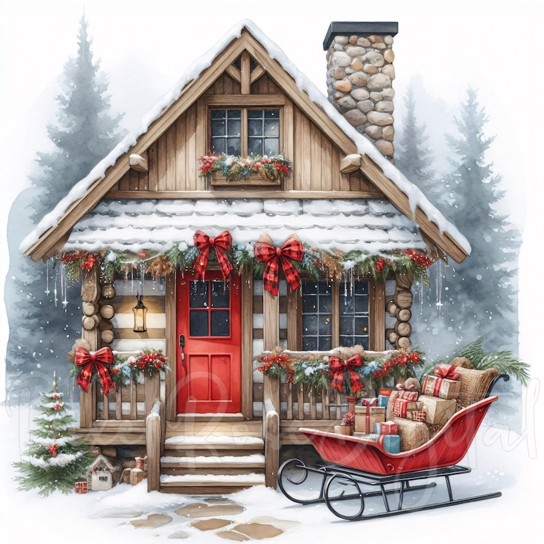 May include: Watercolor illustration of a snow-covered cabin decorated for Christmas. The cabin has a red door, plaid bows, and a sleigh filled with gifts. A small Christmas tree and a lantern add to the festive scene.