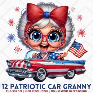 Lustige alte Damen 4. Juli Clipart Vaterländischer Aquarell Rennwagen Oma USA Urlaub Sterne Streifen Gedenktag PNG Junk Journaling