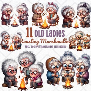 Imágenes prediseñadas de ancianas acampando, imágenes prediseñadas de abuelas asando malvaviscos, abuelas en fogatas, pegatinas digitales de abuelas en aventuras al aire libre