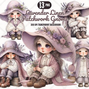 Lavendel Leinen Patchwork Gnome PNG Bundle, Lila Mädchen Gnome Clipart Set Sublimation Digitale Aufkleber Junk Journals