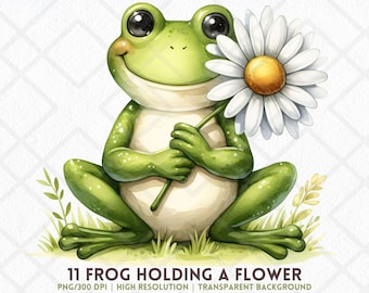 Cute Frog Holding Daisy Clipart PNG Whimsical Frog Spring Summer Frog PNG Sublimation Digital Sticker Junk Journals