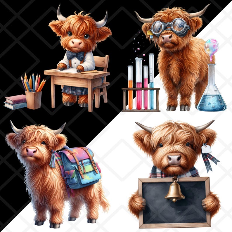Back to School Highland Cow Clipart PNG Bundle Cute Watercolor Calf ...