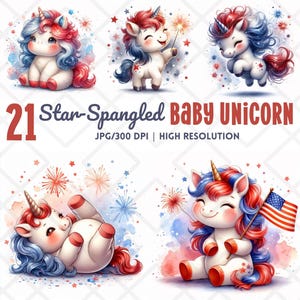 Star-Spangled Baby Unicorn clipart JPG, schattige patriottische aquarel, 4 juli rood wit blauwe eenhoorn digitale sticker, papercraft plakboek