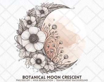 15 botanische maan wassende PNG bloemen lijntekeningen clipart voor Boho esthetische muur kunst sublimatie PNG digitale sticker ongewenste tijdschriften