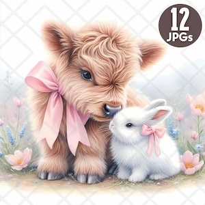 Highland Kuh Häschen Beste Freunde Clipart JPG, süße Ostern Bauernhof Tiere, Aquarell Frühling Kuh und Kaninchen Digitaler Aufkleber, digitaler Download