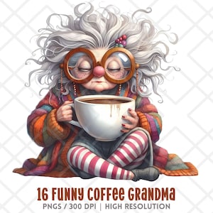 Clipart PNG divertente della nonna del caffè, illustrazione di una vecchia signora stanca e stravagante ad acquerello, adesivo digitale per anziani scontrosi e amanti del caffè stravaganti