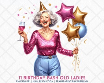 Geburtstag alte Dame Clipart PNG Geburtstagsparty Oma Spaß Seniorin Weinballons Transparente PNG Journaling Scrapbooking