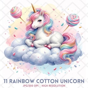 Arco-íris Algodão Unicórnio JPG Clipart, Bonito Pastel Unicórnio Dormindo na Nuvem, Algodão Doce Fantasia Arte para Crianças Artesanato e Decoração, Sublimação