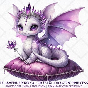 Dragon de cristal princesse Clipart PNG lavande bébé dragon couronne royale baguette fantaisie fille dragon autocollant numérique sublimation journaux indésirables
