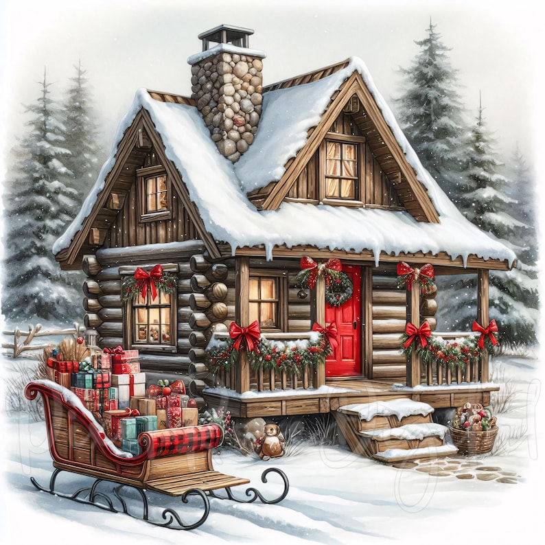 May include: Watercolor illustration of a snow-covered log cabin with a red door and Christmas decorations. A wooden sleigh filled with wrapped gifts sits in the snow. Evergreen trees and a stone chimney complete the winter scene.