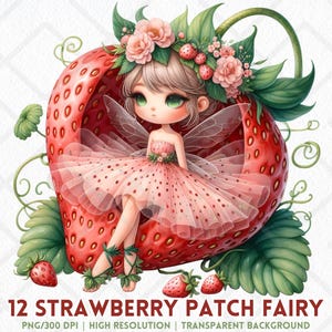 Erdbeer Patch Fee PNG, niedliche rosa Aquarell Frucht Fee Clipart, wunderliche Erdbeer Mädchen digitale Aufkleber, Sommerbeere Papiermodell