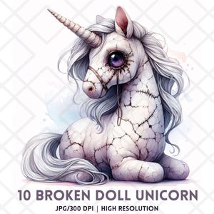 Clipart di unicorno bambola rotta in formato JPG, Clipart di unicorno di peluche infestato di Halloween, Arte di peluche kawaii inquietante, Sublimazione di Halloween in stile gotico pastello