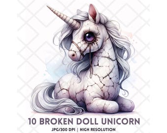 Broken Doll Unicorn clipart JPG, Haunted pluche Halloween Unicorn clipart, griezelige kawaii knuffel kunst, pastel Goth Halloween sublimatie
