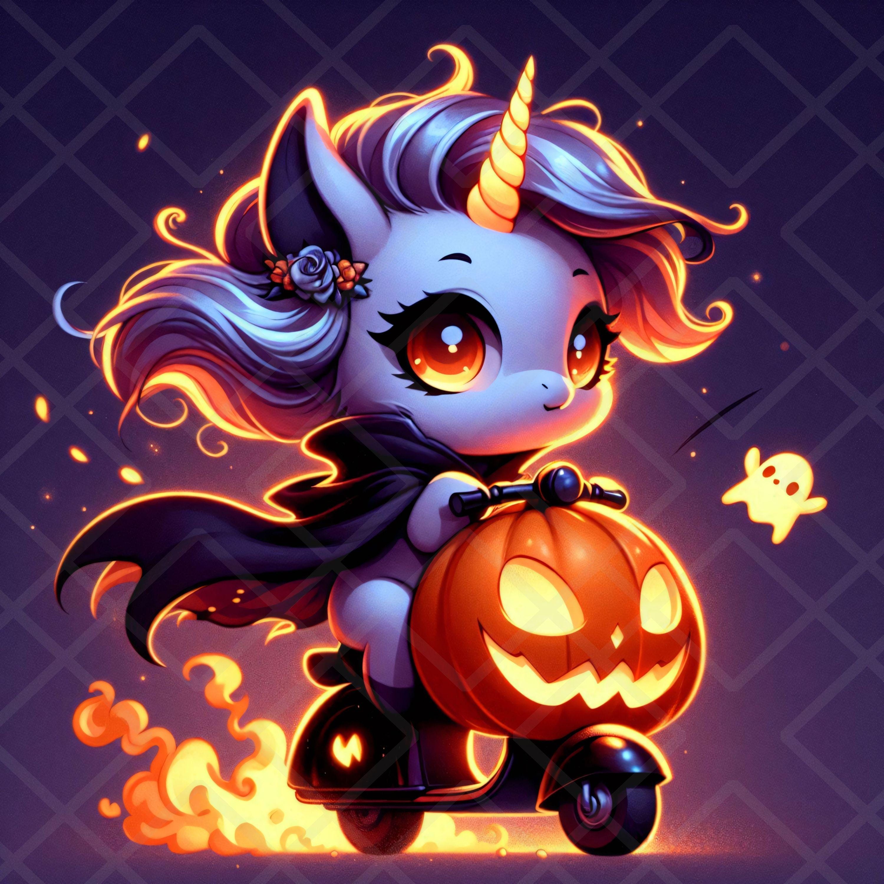 Halloween Unicorn Clipart Cute Ghost Rider Unicorn Pumpkin Scooter JPG ...