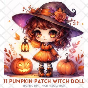Chica bruja de Halloween en acuarela, clipart JPG, linda calabaza chibi, muñeca de fantasía otoñal, pegatinas digitales espeluznantes kawaii de ensueño