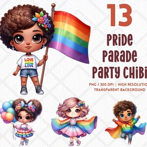 Pride Parade Party Chibi LGBT Clipart mois de la fierté Gay Lesbian Pride drapeau LGBTQIA PNG téléchargement numérique Junk Journal Sticker numérique