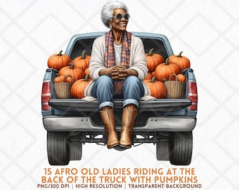 Afro Fall Clipart Black Grandma Pumpkin Truck PNG Old Lady Sitting Autumn Harvest Digital Art Sublimation for Thanksgiving Crafts