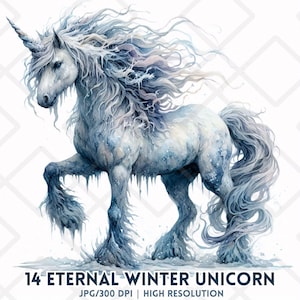 Eternal Winter Unicorn Clipart JPG High Resolution Snowy White Unicorn for Winter Art JPG Junk Journaling Card Making Nursery Decor