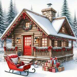 May include: Watercolor illustration of a snow-covered log cabin decorated for Christmas. The red door and bows contrast with the snow and evergreen trees. A red sled and wrapped gifts complete the festive scene.