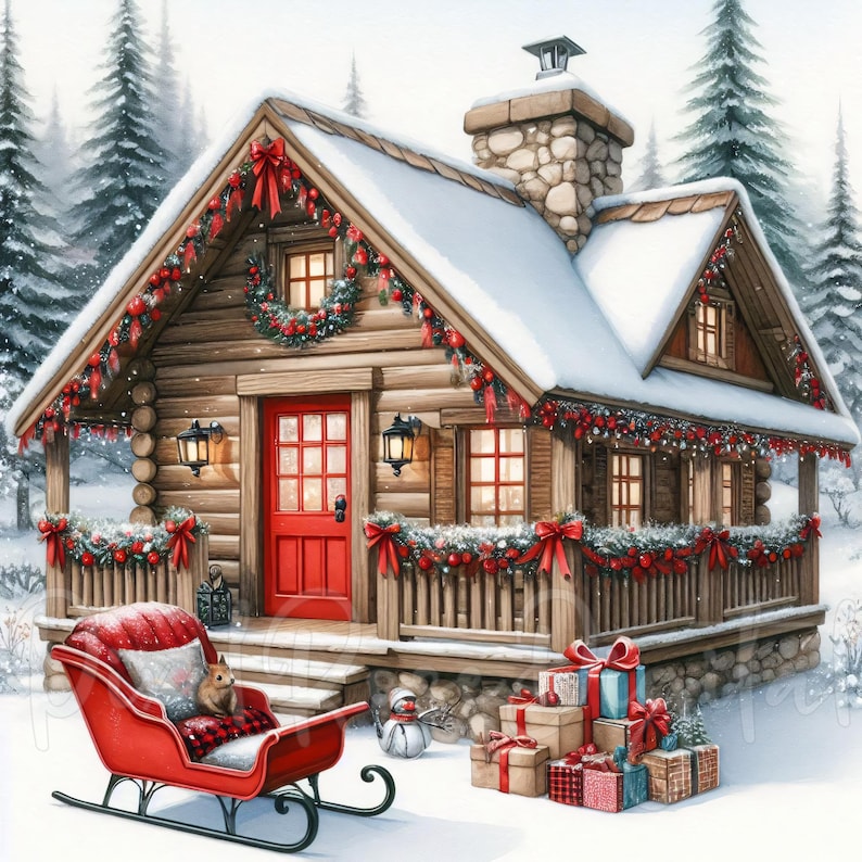 May include: Watercolor illustration of a snow-covered log cabin decorated for Christmas. The red door and bows contrast with the snow and evergreen trees. A red sled and wrapped gifts complete the festive scene.
