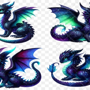 Puede incluir: Cuatro ilustraciones de dragones de fantas&iacute;a en varias poses. Los dragones tienen una combinaci&oacute;n de colores azul oscuro y morado con detalles en verde azulado y verde. Tienen alas grandes, cuernos y colas largas. Los dragones est&aacute;n decorados con estrellas blancas.