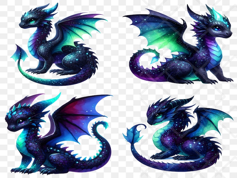 Puede incluir: Cuatro ilustraciones de dragones de fantas&iacute;a en varias poses. Los dragones tienen una combinaci&oacute;n de colores azul oscuro y morado con detalles en verde azulado y verde. Tienen alas grandes, cuernos y colas largas. Los dragones est&aacute;n decorados con estrellas blancas.