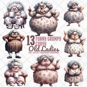 Old Ladies Clipart, Funny Grumpy Grandma PNG, Plus Size Sassy Old Lady Clipart, Vintage Floral Dress Granny, Quirky Senior, Digital Download