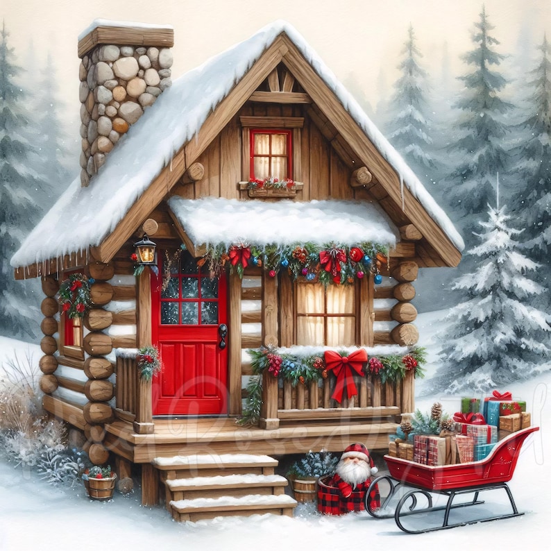 May include: A cozy, snow-covered log cabin with a red door and window frames. The cabin is decorated with festive garlands and bows. A red sled filled with gifts sits nearby, and a Santa figure is present. The scene is set in a snowy forest.