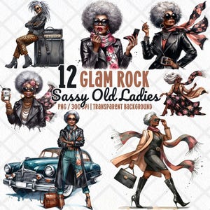 Glam Rock impertinent vieille dames PNG, Clipart rétro femme âgée, téléchargement numérique Senior drôle, conception de sublimation punk grand-mère, scrapbooking