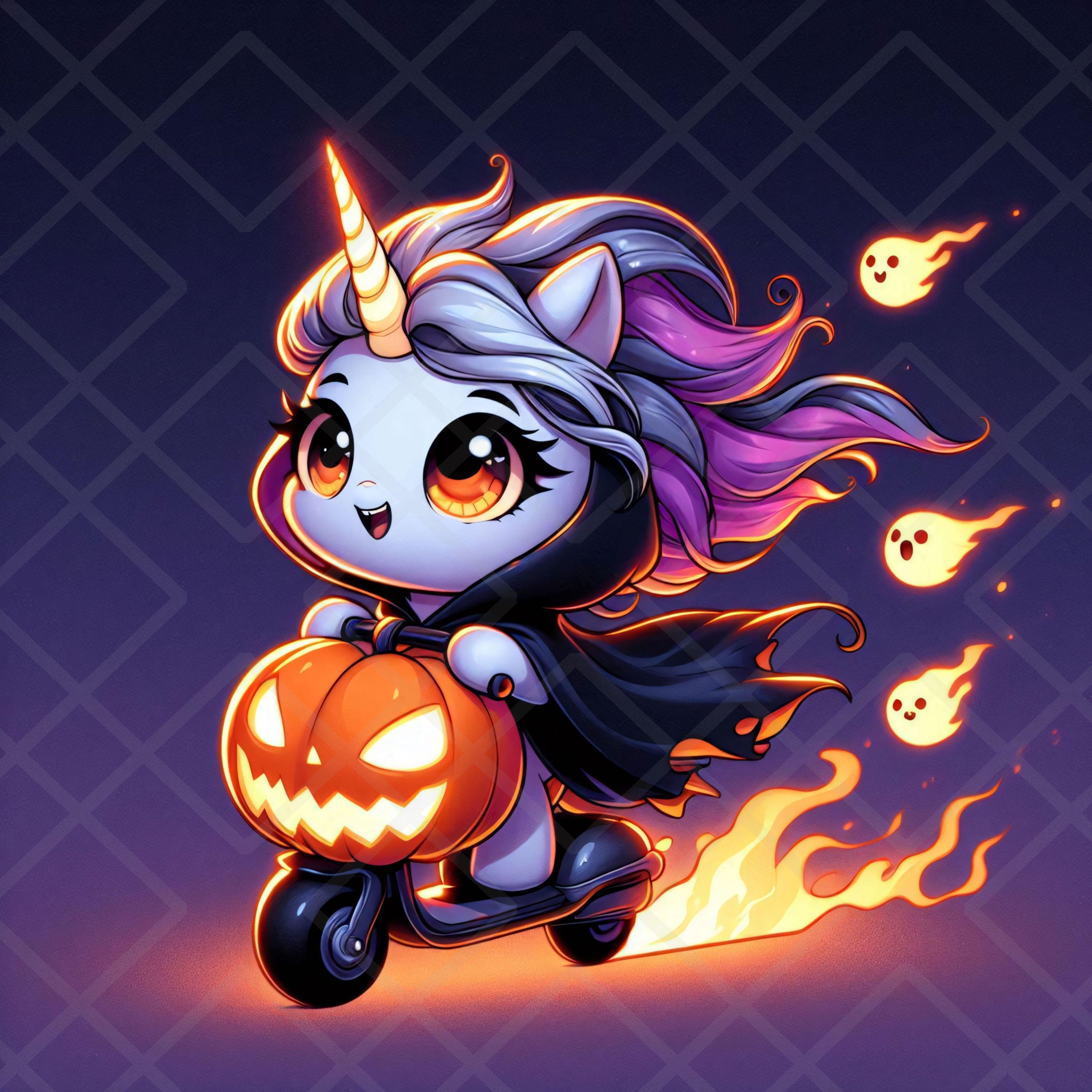 Halloween Unicorn Clipart Cute Ghost Rider Unicorn Pumpkin Scooter JPG ...