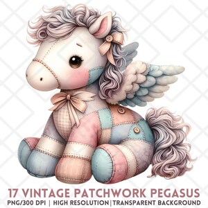 Clipart de Pégaso Fofo, Pégaso Vintage Patchwork PNG, Cavalo de Pano Estilo Shabby Chic, Animal de Pelúcia Fofo PNG, Pônei de Pelúcia em Tons Pastel, Decoração Kawaii