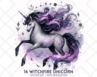 Witchfire Unicorn clipart paarse magische eenhoorn JPG Halloween Fantasy paard sublimatie digitale sticker Junk Journaling kaarten maken Crafting