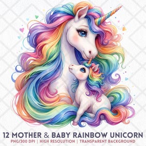 Watercolor Rainbow Unicorn Mom and Baby PNG, Pastel Unicorn Clipart, Cute Fantasy Mother and Child Digital Sticker, Mother’s Day Sublimation