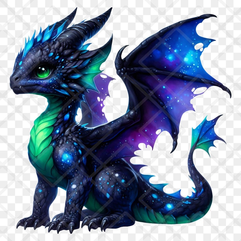 Puede incluir: Ilustraci&oacute;n digital de un drag&oacute;n de fantas&iacute;a. El drag&oacute;n presenta un cuerpo negro con detalles azules y verdes, y grandes alas con un dise&ntilde;o de cielo estrellado. El drag&oacute;n tiene ojos verdes y est&aacute; sentado erguido.