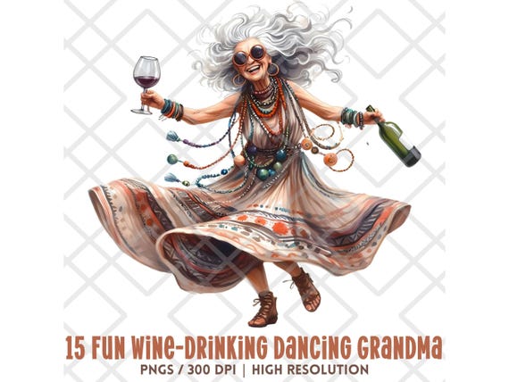 Fun Wine-Drinking Grandma Clipart PNG, Watercolor Quirky Senior Woman Dancing, Old Lady with Wine, Party Grandma, Digital Sticker