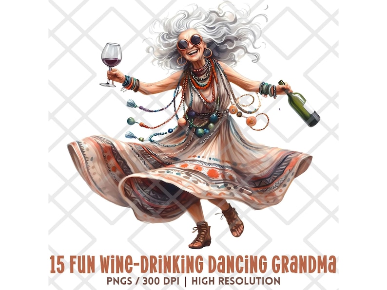 Fun Wine-Drinking Grandma Clipart PNG, Watercolor Quirky Senior Woman Dancing, Old Lady with Wine, Party Grandma, Digital Sticker