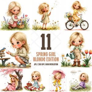 Aquarell niedliche Frühling Puppen Clip Art, blonde Mädchen Frühling Clipart JPG, Aquarell Mädchen digitale Aufkleber, kommerzielle Nutzung, digitaler Download