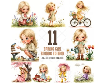 Akvarell söta vårdockor ClipArt, blond flicka vår Clipart JPG, akvarell flicka digitalt klistermärke, kommersiellt bruk, digital nedladdning
