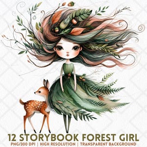 Storybook Forest Girl Clipart, Whimsical Windswept Hair Girl PNG, Watercolor Fairytale Cartoon Girl Clipart, Digital Download Junk Journal