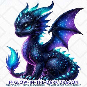 Galaxy mignon bébé dragon Clipart phosphorescent Dragon PNG étoilé Fantasy créature ciel nocturne Sublimation autocollant numérique Junk Journals