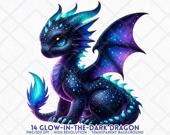 Lindo bebé dragón galáctico, clipart, dragón que brilla en la oscuridad, PNG, criatura de fantasía estrellada, cielo nocturno, sublimación, pegatina digital, revistas basura