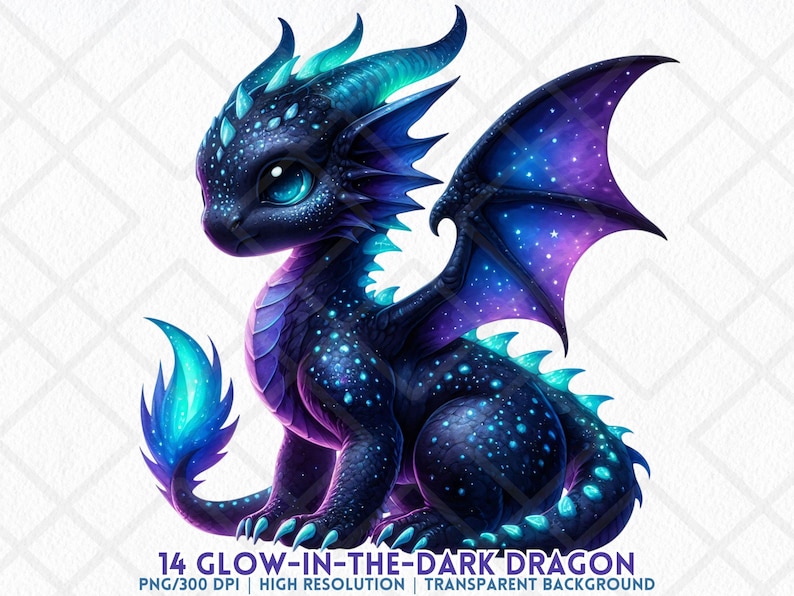 Magical baby dragon with glowing blue, purple, and teal scales, featuring starlit galaxy wings and shimmering accents across its body. This high-resolution PNG shows a fantasy creature with luminous details, perfect for glow-in-the-dark themes. Ideal for night sky-themed crafts, magical digital stickers, cosmic sublimation art, or dreamy planner designs. Transparent background included.