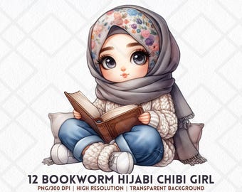 Cute Hijabi Chibi Girl Clipart Bookworm Muslim Islam Muslimah PNG Islamic Modesty Girl Clipart Faith Hijabi Lady Clipart Digital Sticker